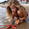 Ein Kind kniet am Meeresufer und betrachtet mit großer Neugier einen Seestern, der auf nassem Sand liegt. Die Szene zeigt den Zauber unmittelbarer Naturbeobachtung – ein ideales Motiv zum Kinder-Sachbuchband „Seepferdchen, Seestern & Co.“ aus der Reihe „Schauen & Wissen – Einheimische Wildtiere“, der spannende Infos über faszinierende Lebewesen im Küstenbereich vermittelt.