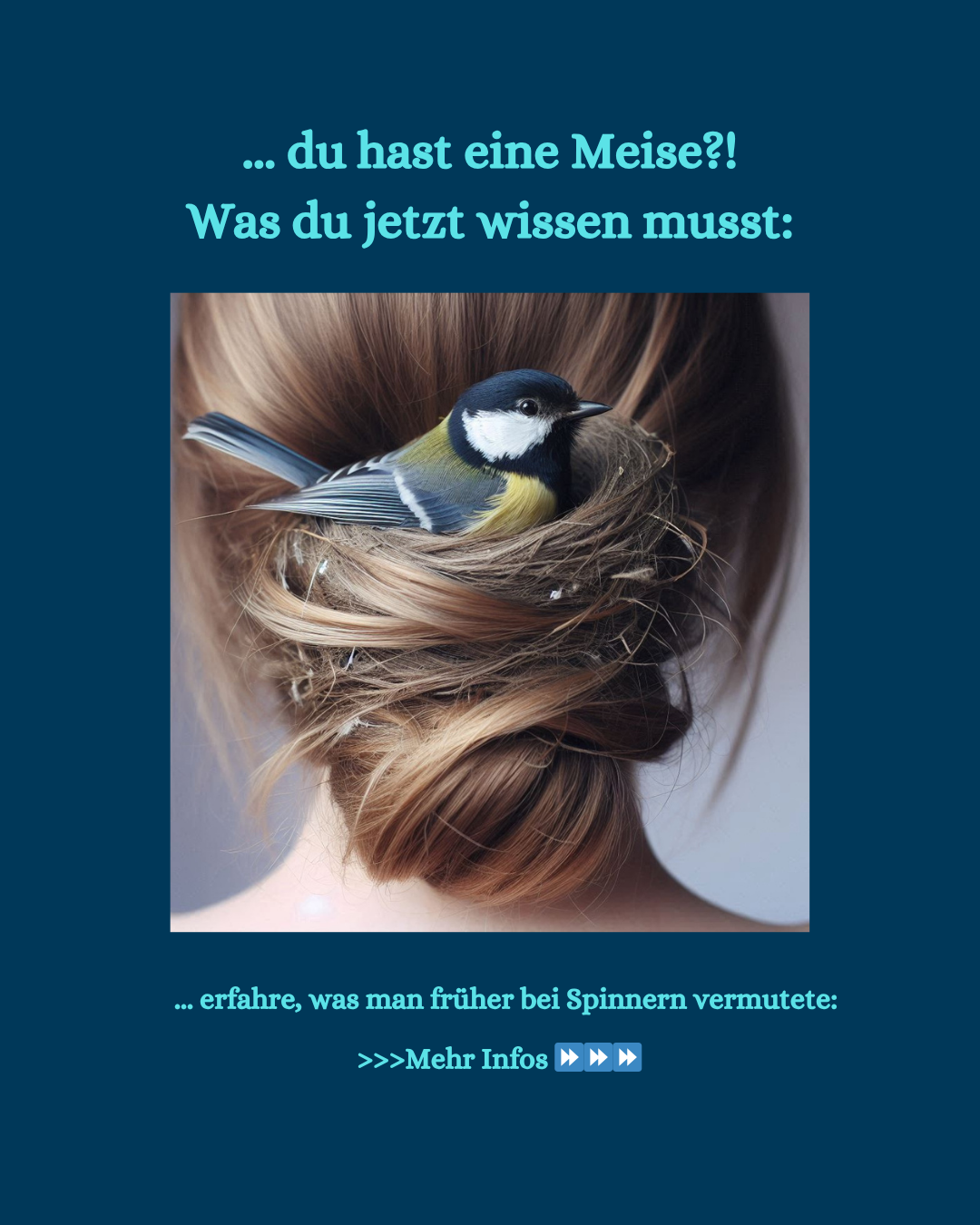 Ki generiertes Foto mit BLick auf den Hinterkopf einer Frau, in deren Dutt eine Kohlmeise nistet