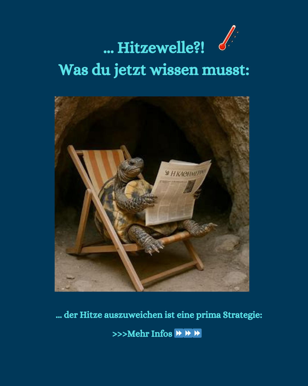 Bild einer Griechischen Landschildkröte im LIegestuhl beim Zeitunglesen - KI generiert. Text: Hitzewelle?! Was du jetzt wissen musst
