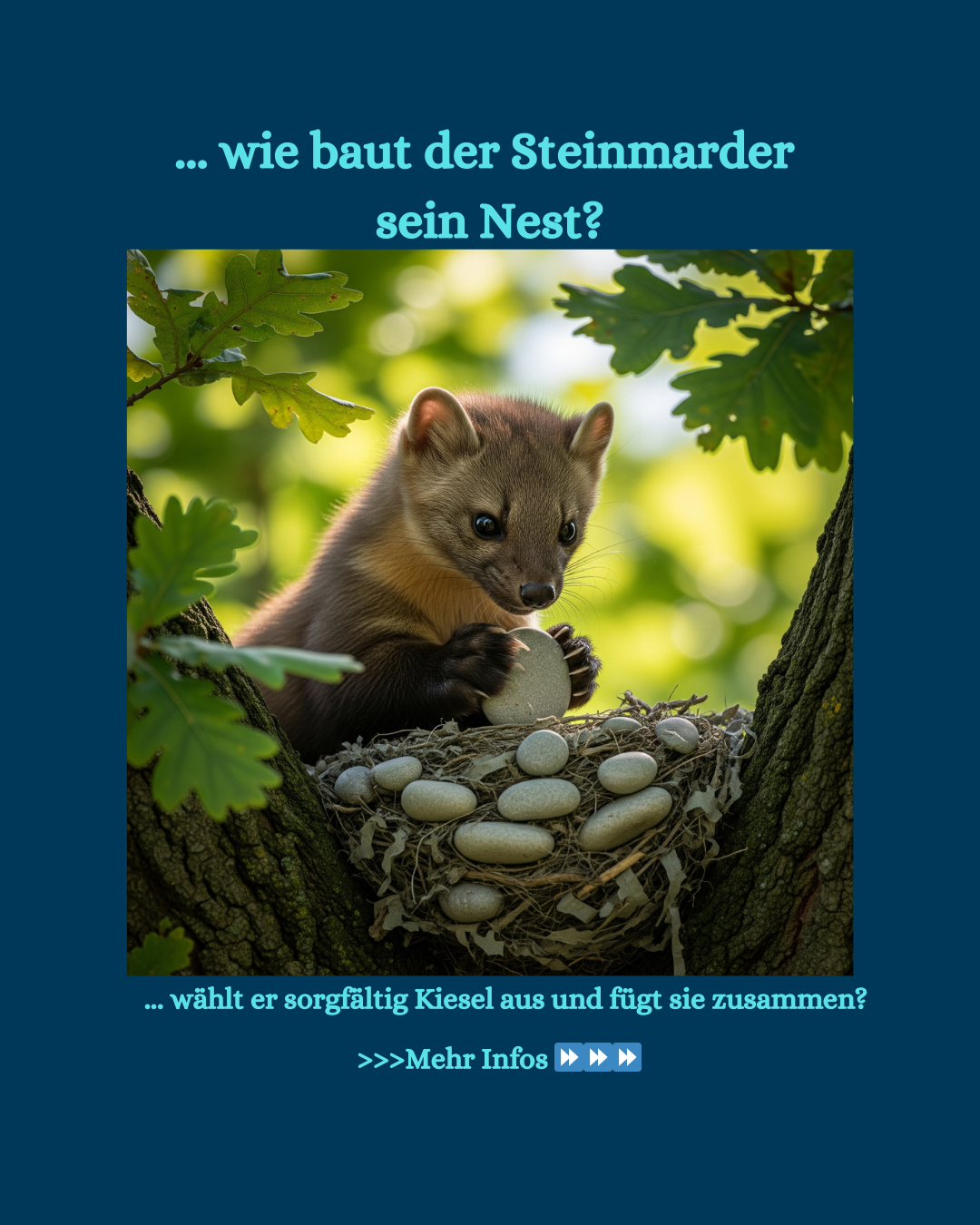Ki-generiertes BIld mit einem Steinmarder, der ein Nest aus Kieseln zu bauen scheint