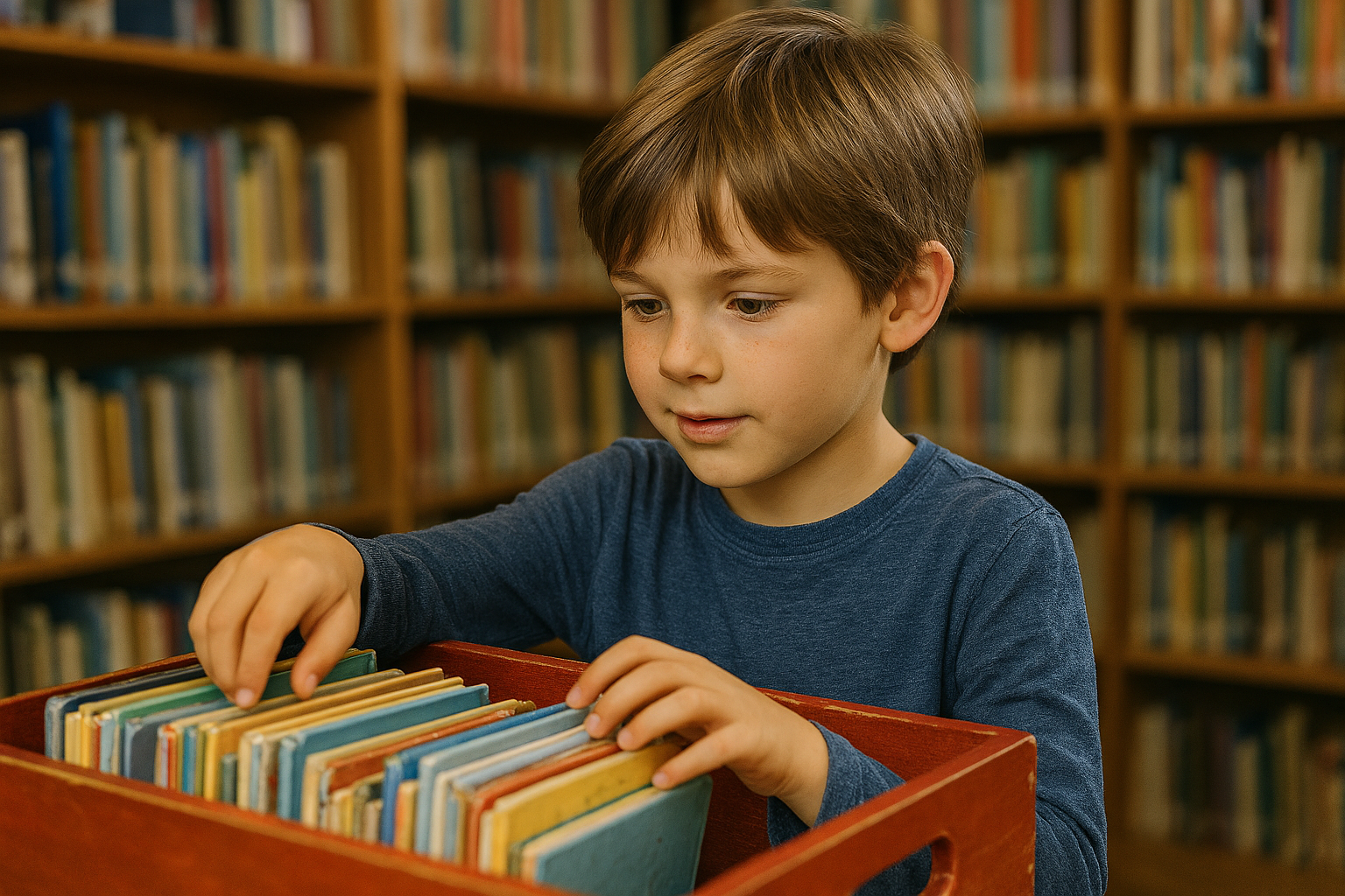 Kind (Junge etwa 8 Jahre alt), das interessiert in einer Bibliothek in einer B&uuml;cherkiste nach dem passenden Buch sucht (KI-generiert)
