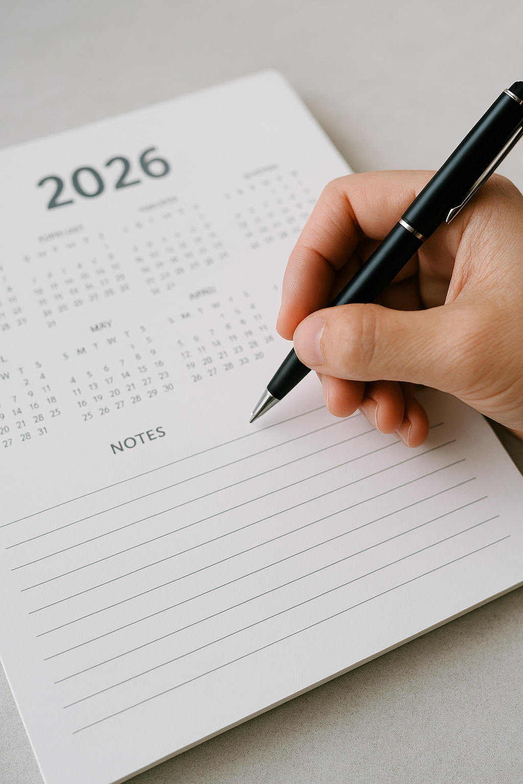 Hand hält einen Stift und ist bereit, Termine im Kalender für 2026 zu notieren