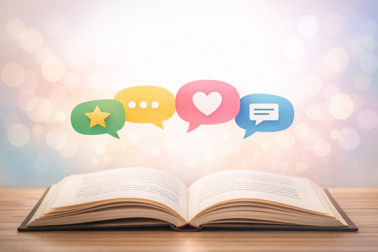 ki-generiertes Foto: Mehrere stilisierte Sprechblasen &uuml;ber einem offenen Buch, darin kleine Symbole wie Sterne, Herz, Kommentar‑Icon. Hintergrund: weiche Pastellverl&auml;ufe, leichtes Bokeh. Stil: modern, clean, social‑media‑inspiriert.copilot-20260505-105134