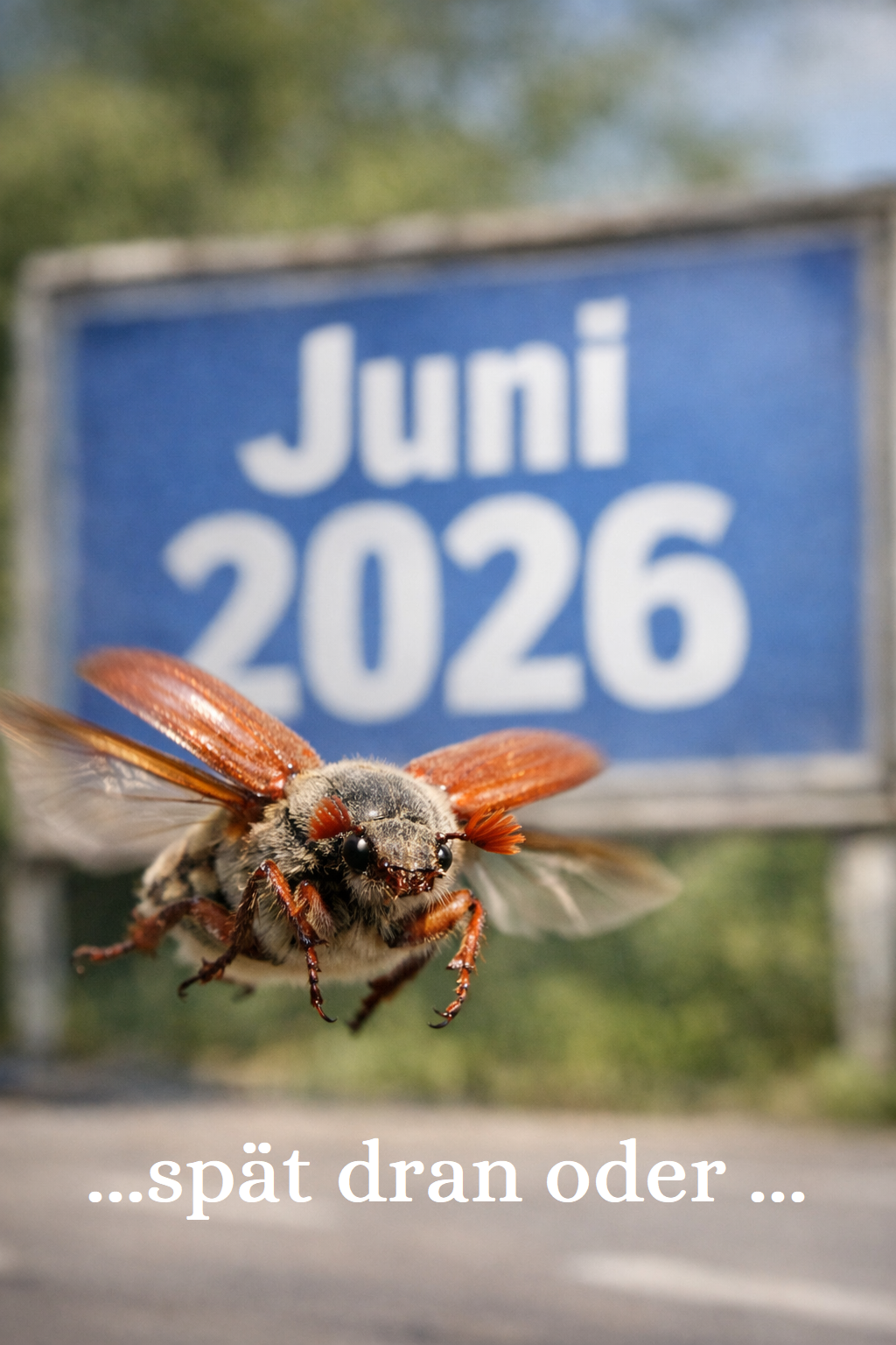 copilot-20260617-160459 - ki-generiertes BIld - Maik&auml;fer im Anflug, dahinter die Plakatwand mit &bdquo;Juni 2026&ldquo;.