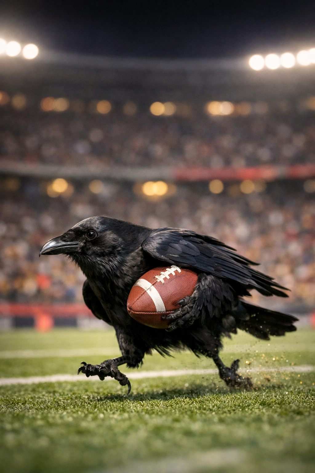 copilot-20260621-123204: ki-generiertes Bild mit einen Raben, der sich einen American Football unter den Flügel geklemmt hat und durch ein Stadion flitzt