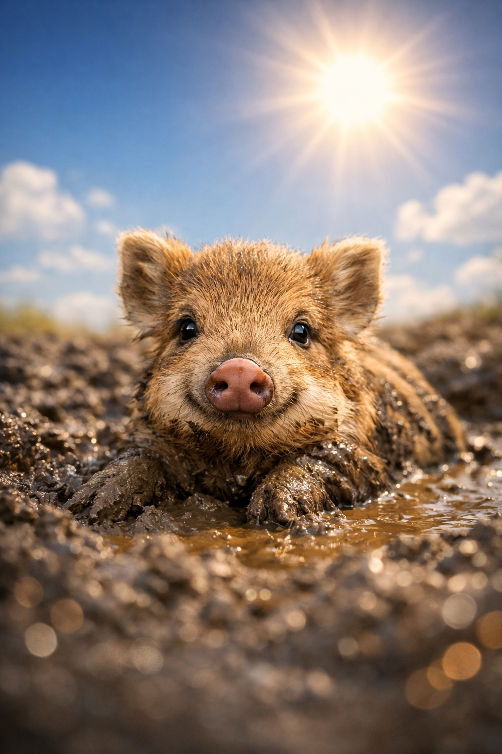 ki-generiertes Foto von von einem total niedlichen Frischling, der in der Suhle liegt und äußerst zufrieden in die Kamera schaut - schön eingematscht - darüber ein strahlender Himmel mit sengender Sonne - Aufschrift: ... saumäßig erfrischend!" - copilot-20260623-160408
