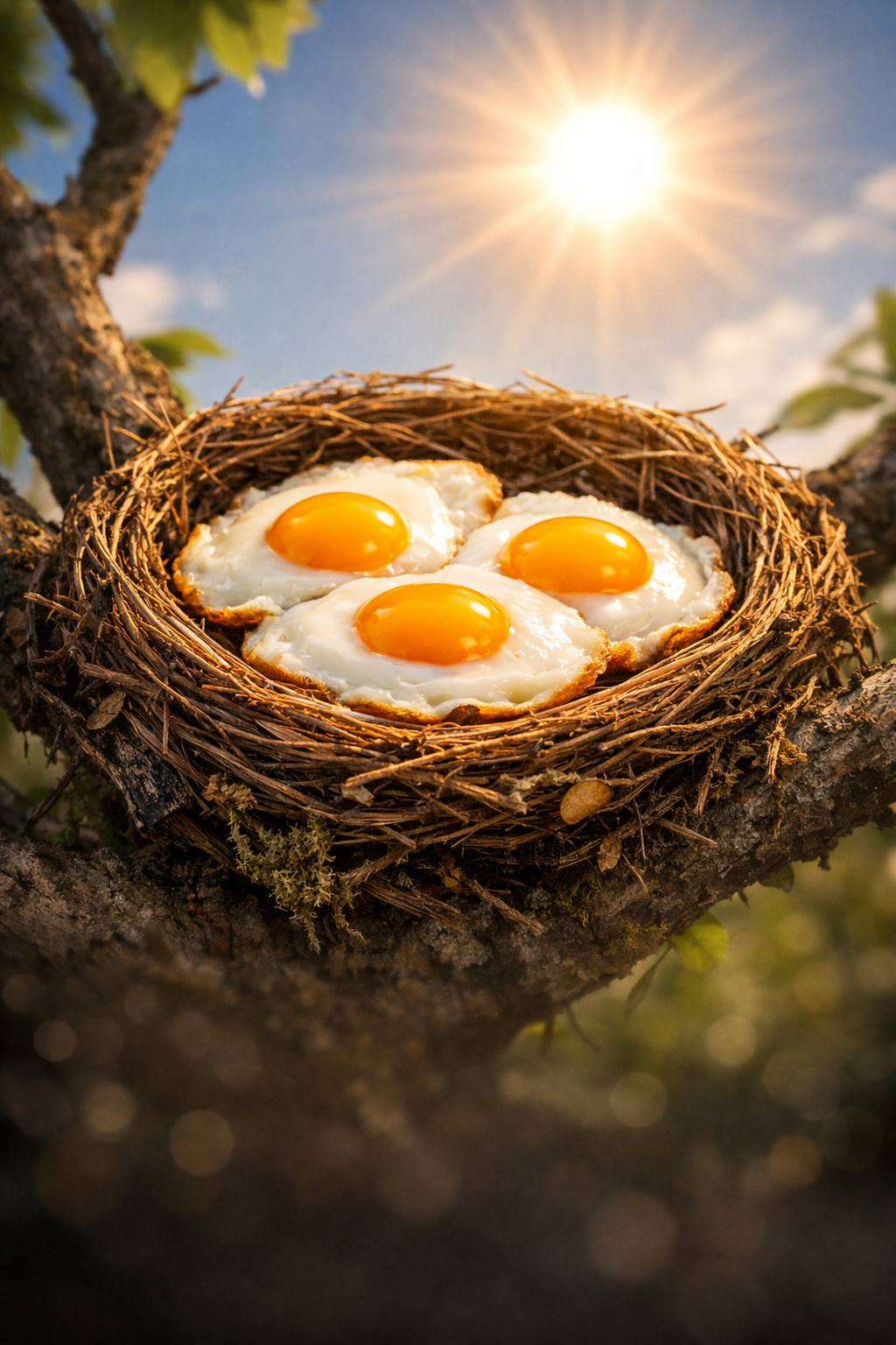 ki-genriertes Foto Es zeigt ein Vogelnest in einem Baum, dar&uuml;ber die sengende Sonne - im Nest liegen 3 Spiegeleier  -copilot-20260625-105713