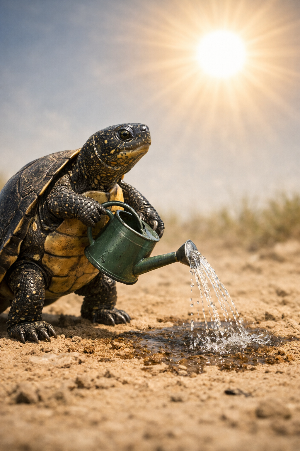 ki-generiertes Bild : Europäische Sumpfschildkröte mit Gießkanne unter sengender Sonnecopilot-20260702-090254
