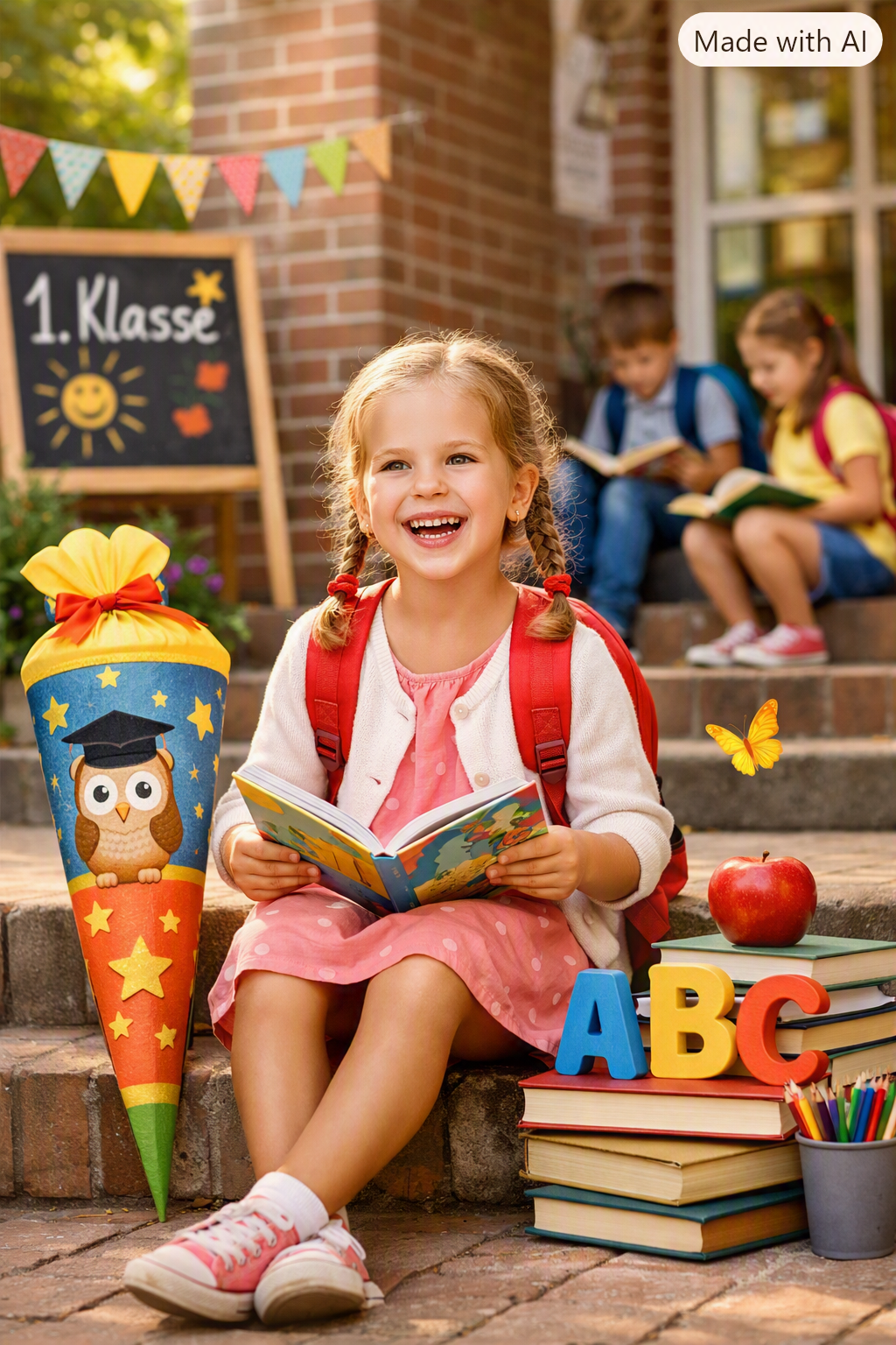 ki generiertes BIld: Fröhliche Grundschülerin sitzt am ersten Schultag auf den Stufen einer Schule und liest begeistert in einem bunten Kinderbuch. Neben ihr liegen eine Schultüte, Bücher mit Holzbuchstaben A B C und ein roter Apfel. Im Hintergrund spielen und lesen weitere Kinder, eine Tafel zeigt ‚1. Klasse‘. Das warme Sonnenlicht und die bunten Farben symbolisieren Lesefreude, Bildungsglück und den Beginn des Lernens.