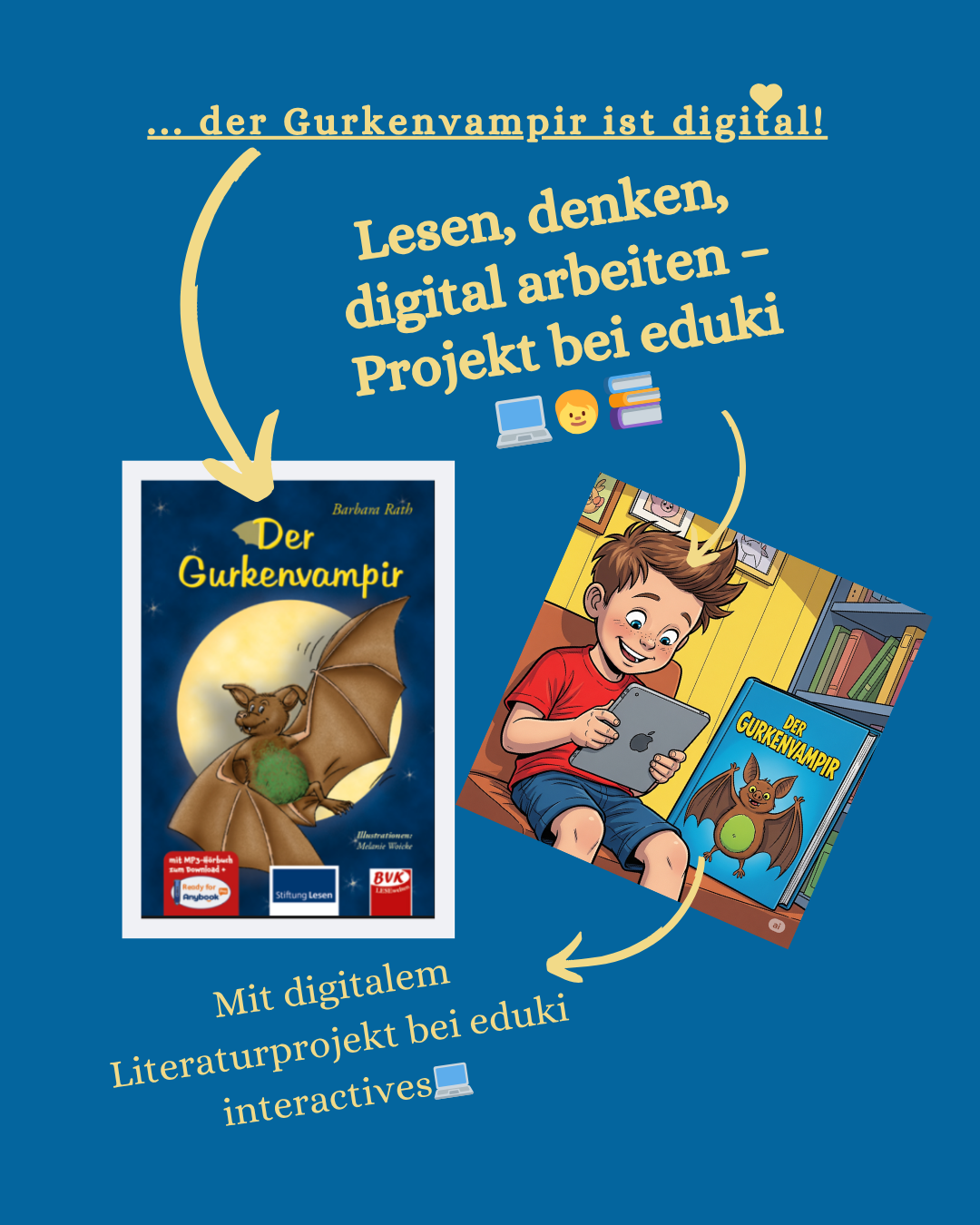 Intagrampost - zu sehen ist das Cover von "Der Gurkenvampir" sowie das Bild eines Jungen, der den Roman für Kinder auf einem Tablet bearbeitet - Schriftzüge weisen darauf hin, dass es passend zum Roman ein interaktives Literaturprojekt bei eduki gibt