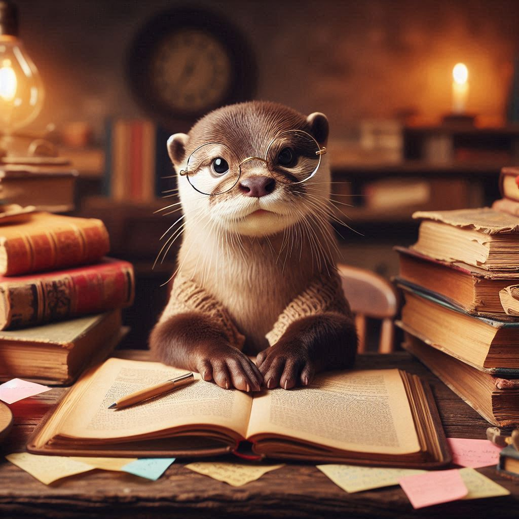 KI-generiertes BIld von einem Fischotter, der am Schreibtisch sitzt und lernt