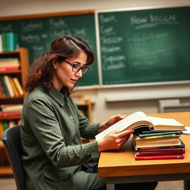 ki generiertes Foto: Lehrerin auf der Suche nach Empfehlungen Klassenlekt&uuml;re Grundschule in einem Katalog