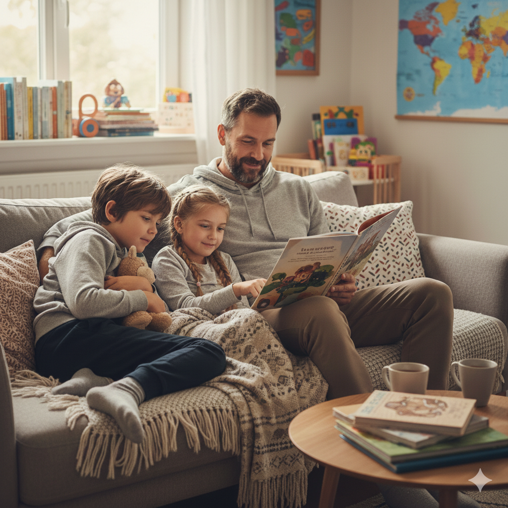 Lesef&ouml;rderung daheim: Vater liest seinen Kindern auf dem Sofa etwas vor - gemini-generated-image-3lsm1u3lsm1u3lsm