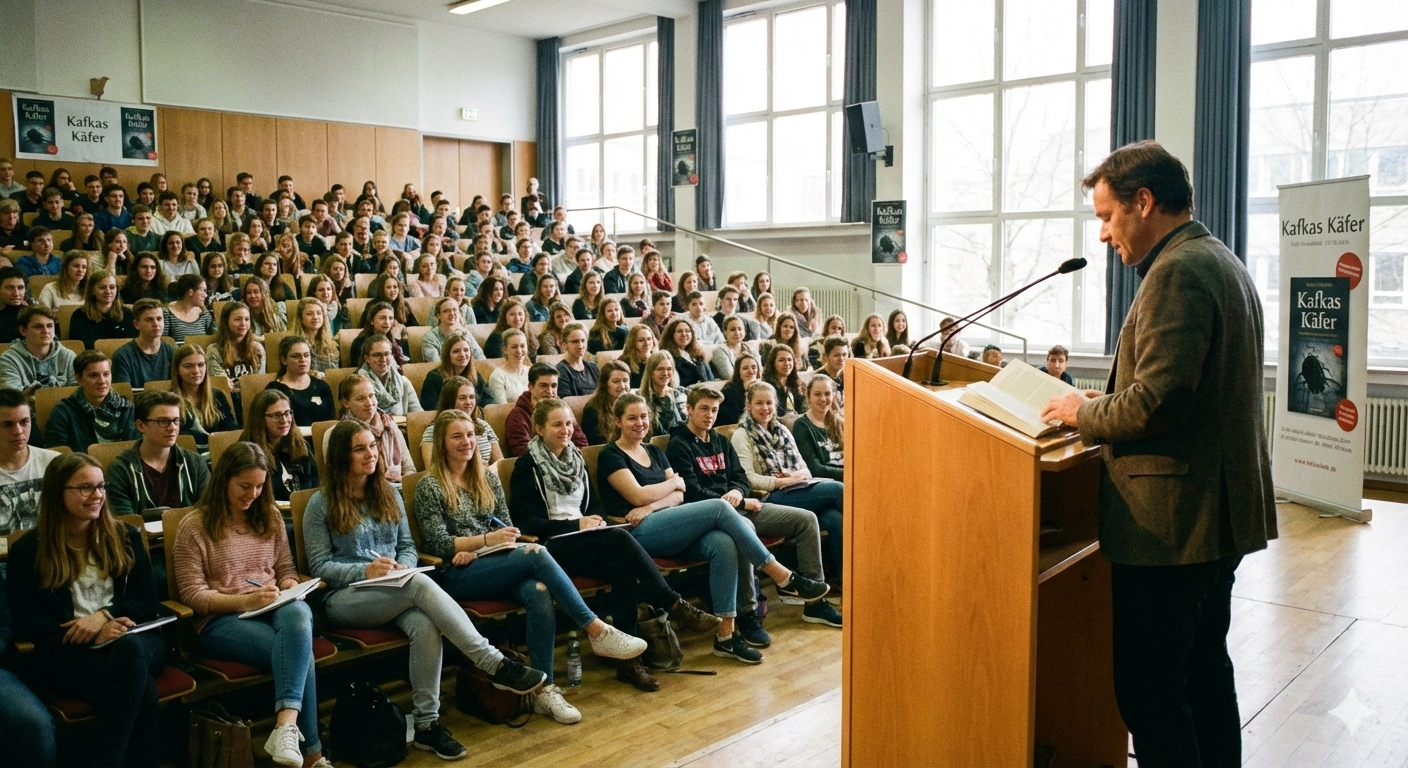 Foto von einer Autorenlesung an einem Gymnasium, bei der Jugendliche in einer Aula vor dem vorlesenden Autor sitzen, der an einem Lesepult steht auf dem ein Buch liegt und an dem ein Mikrofon befestigt ist - gemini-generated-image-7on31i7on31i7on3