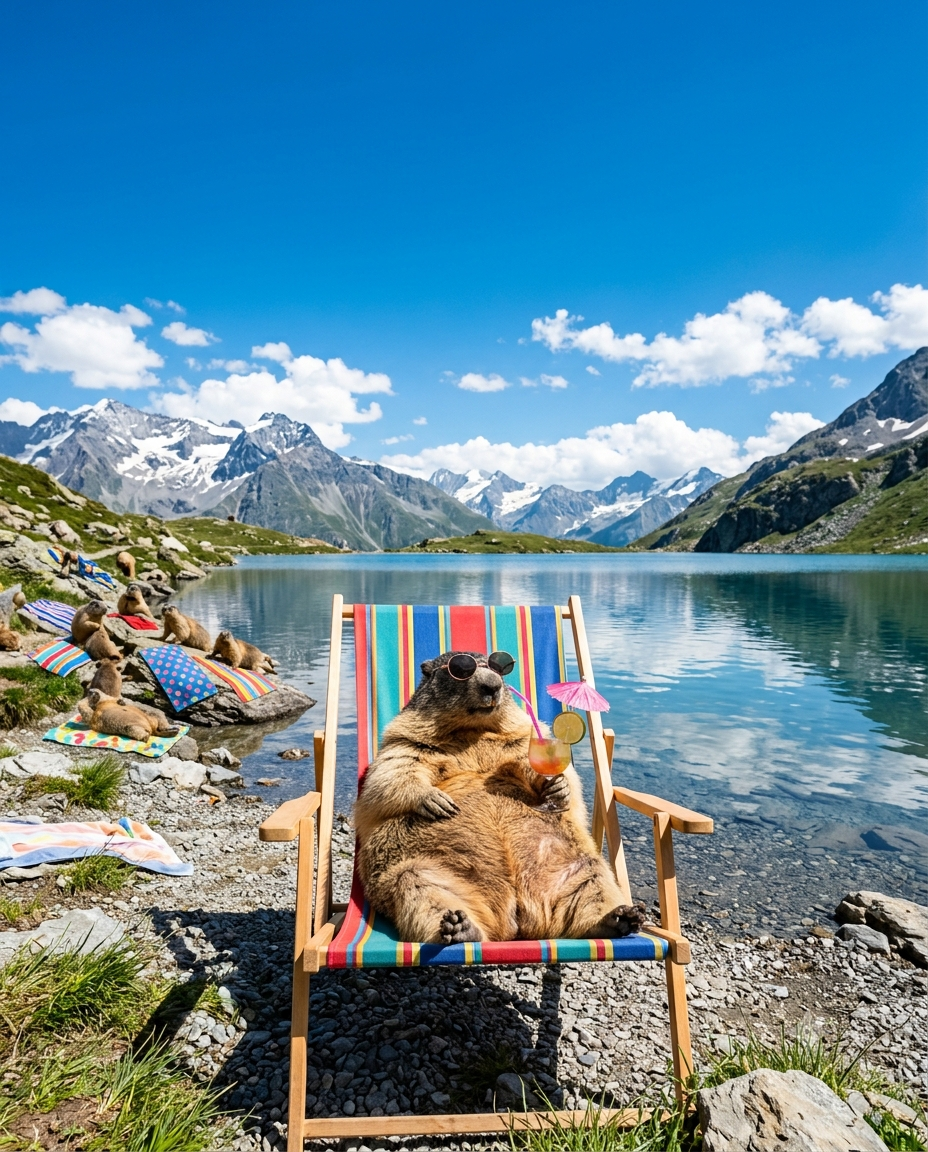 ki-generiertes Foto mit Murmeltieren auf Strandtüchern und im Liegestuhl am Ufer eines Alpensees