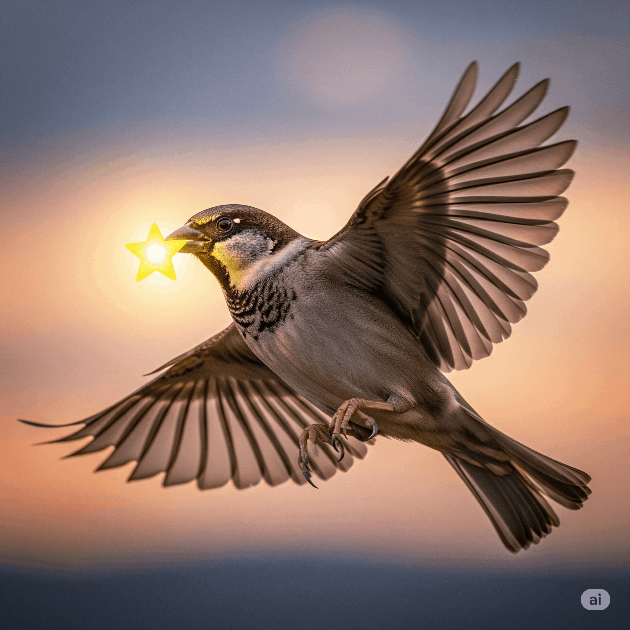 KI generiertes Foto von einem fliegenden Spatzt mit einem Stern im Schnabel
