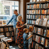 Gemeinsam Bücher entdecken stärkt Bindung, Bildung & Leselust – Familien, die lesen, wachsen zusammen! 📚✨ Familie mit zwei Kindern stöbert gemeinsam in einem Buchladen zwischen vielen Kinderbüchern – Symbol für Lesefreude, Bildung & Familienzeit 📚👨👩👧👦