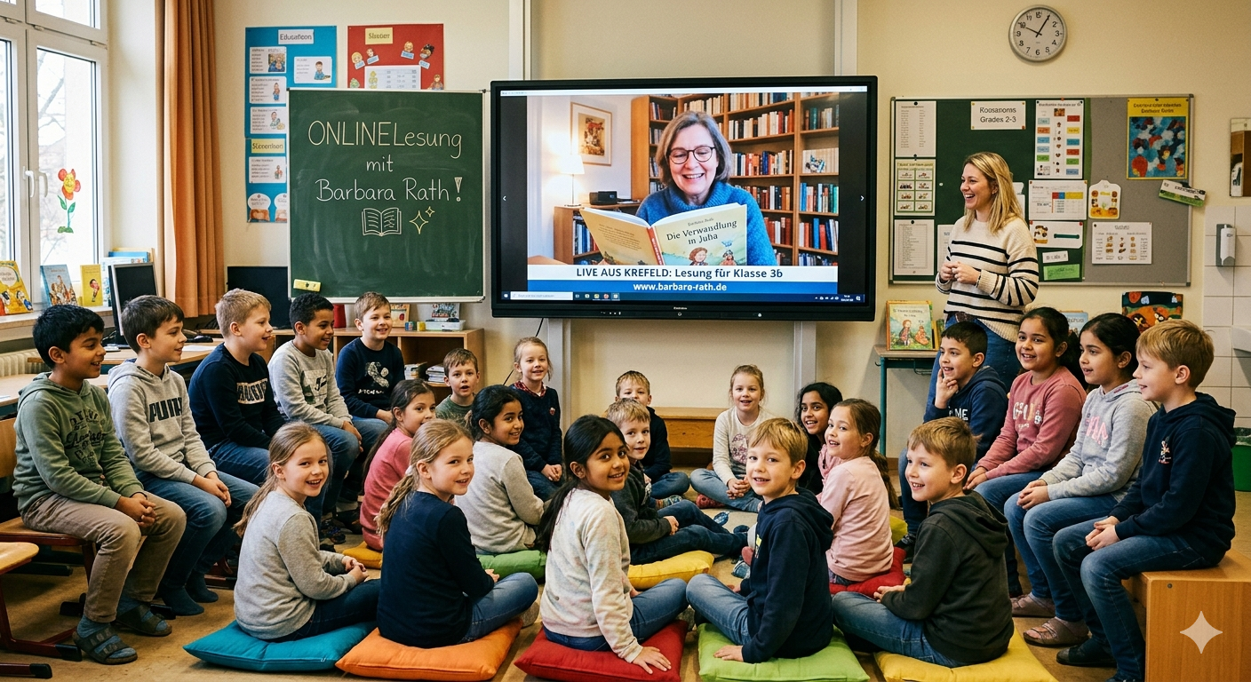 KI generiertes Foto einer Online-Lesung in bzw. mit einer Schulklassegemini-generated-image-lu5qxnlu5qxnlu5q