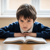 Lesefrust verstehen & überwinden – Tipps für Eltern & Lehrkräfte zur Leseförderung in der Grundschule in NRW 📖✨ Trotziges Schulkind sitzt mit finsterem Gesichtsausdruck vor einem aufgeschlagenen Buch am Tisch – Ausdruck von Frust beim Lesenlernen in der Grundschule in NRW.
