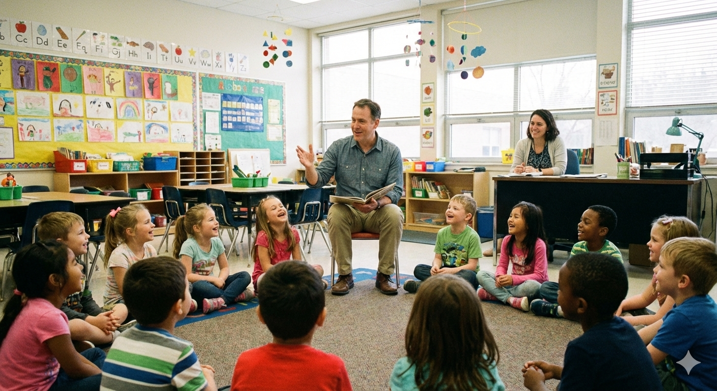 Foto von einer Autorenlesung an einer Grundschule, bei der Kinder in einem bunt dekorierten Klassenzimmer im Kreis um einen vorlesenden Autor auf dem Boden sitzen, w&auml;hrend eine Lehrerin im HIntergrund Aufsicht f&uuml;hrt - gemini-generated-image-nlnju1nlnju1nlnj