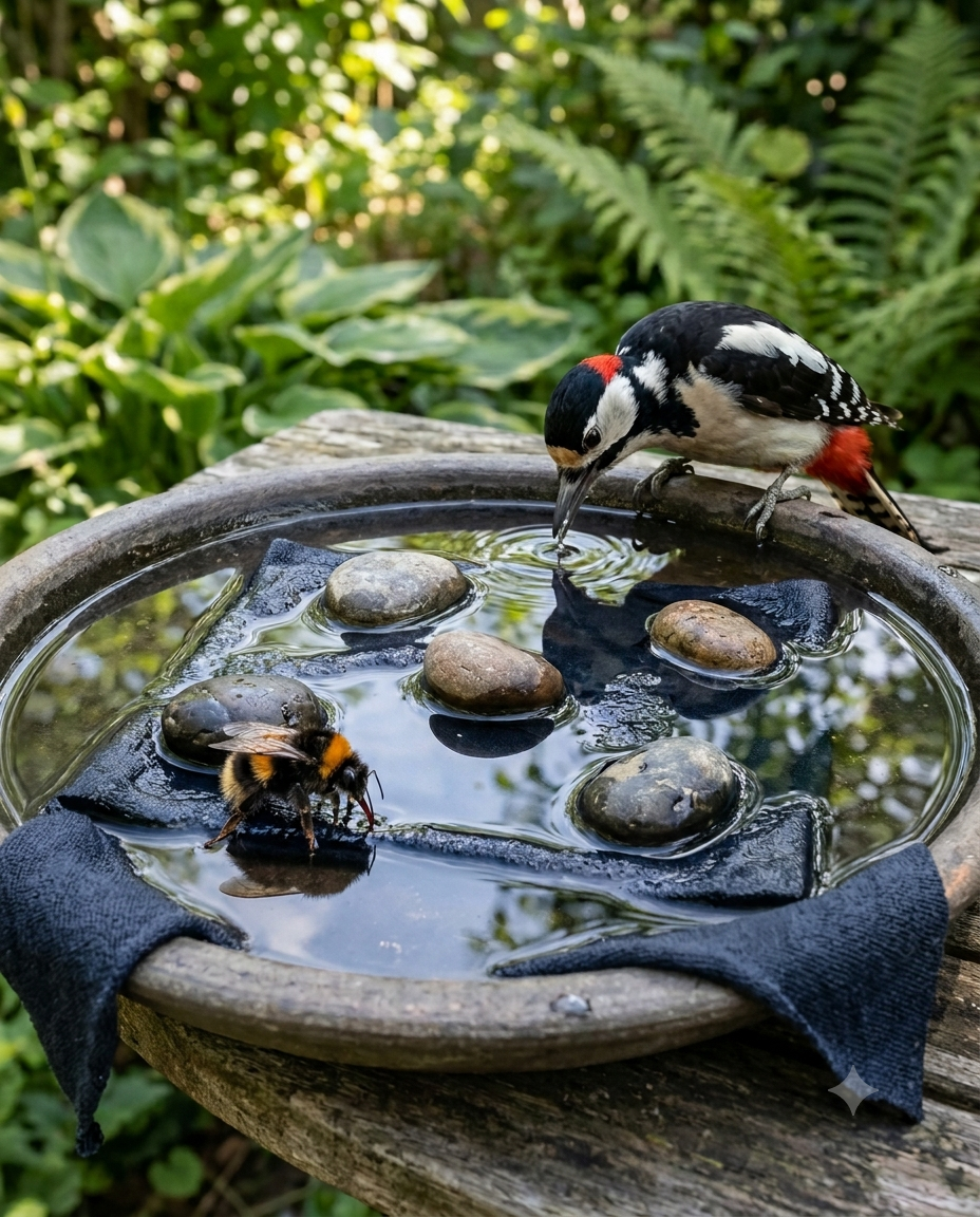 Ki-generiertes Foto mit einem Teller als improvisierte Insekten- und Vogeltr&auml;nke - gemini-generated-image-rgsqalrgsqalrgsq