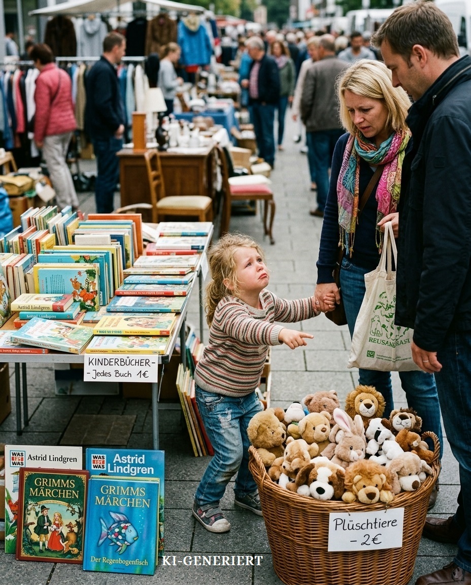 BIld von einem Kind auf einem Tr&ouml;delmarkt, das einen B&uuml;chertisch unbeachtet l&auml;sst und flehentlich auf einen Korb mit Pl&uuml;schtieren zeigt, um bei den Eltern eines zu erbetteln - gemini-generated-image-sax5dnsax5dnsax5