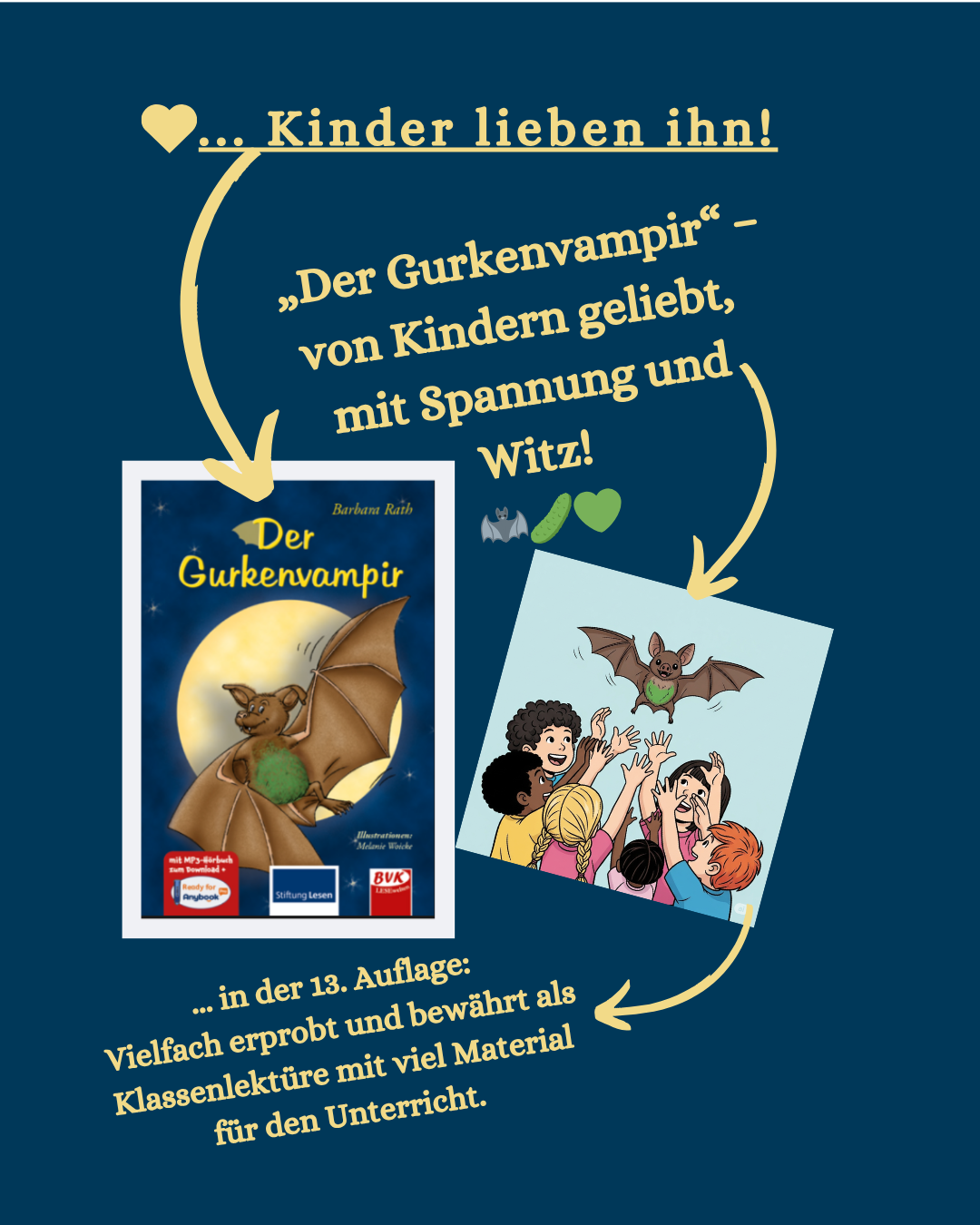 Instagramwerbung fuer Der Gurkenvampir mit dem Cover, einem Bildchen von KIndern, die ihre Haende nach der Fledermaus recken und dem Hinweis, dass Kids sie lieben