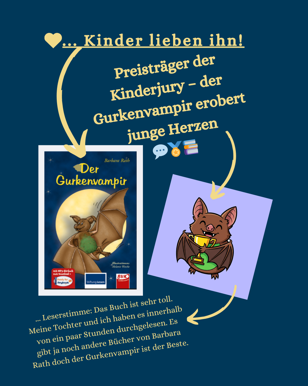 Instagramwerbung für der Gurkenvampir: Buchcover ist abgebildet neben einer kleinen Darstellung von einer Fledermaus, die einen Pokal mit den Flügeln umarmt - der Text verweist auf den Buchpreis Kalbacher Klapperschlange, den der Gurkenvampir gewonnen hat