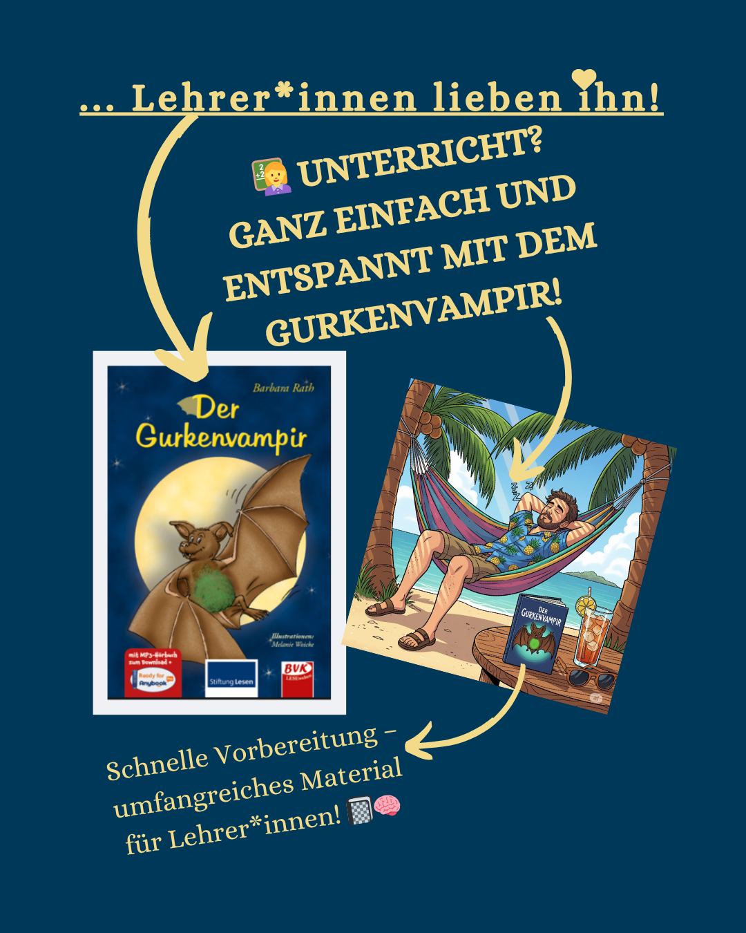 Instagramwerbebild zum Gurkenvampir mit Buchcover und Abbildung eines Mannes, der in einer Hängematte entspannt