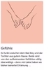 Zwei stilisierte H&auml;nde, die einander z&auml;rtlich halten, aus dem Roman &bdquo;Die Verwandlung in Julia oder Kafkas K&auml;fer&ldquo; von Barbara Rath mit Zitat &uuml;ber die aufkeimende Liebe zwischen Julia und Roman.