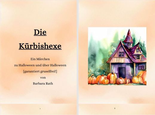 Screenshot aus dem Halloweenmärchen für Kinder "Die Kürbishexe" Doppelseite 1: Cover und Hexenhaus