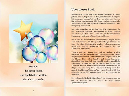 Screenshot aus dem Halloweenmärchen für Kinder "Die Kürbishexe" Doppelseite 2: Bild mit Zauberstab + Zauberblasen + Textseite