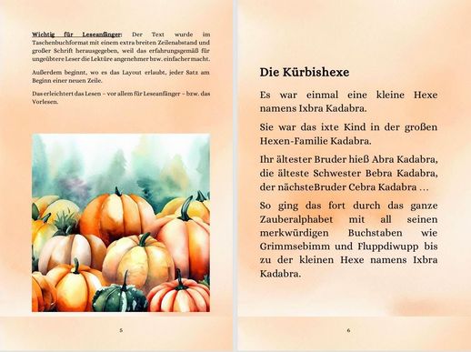 Screenshot aus dem Halloweenmärchen für Kinder "Die Kürbishexe" Doppelseite 3: Bild mit Kürbissen + Textseite