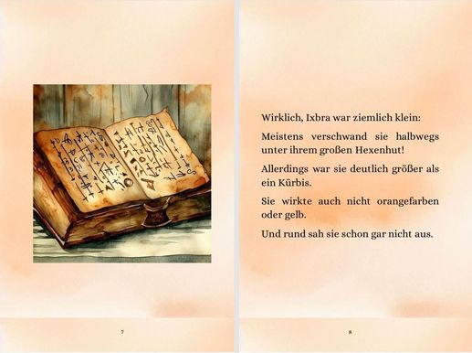 Screenshot aus dem Halloweenmärchen für Kinder "Die Kürbishexe" Doppelseite 4: Bild mit Zauberbuch + Textseite