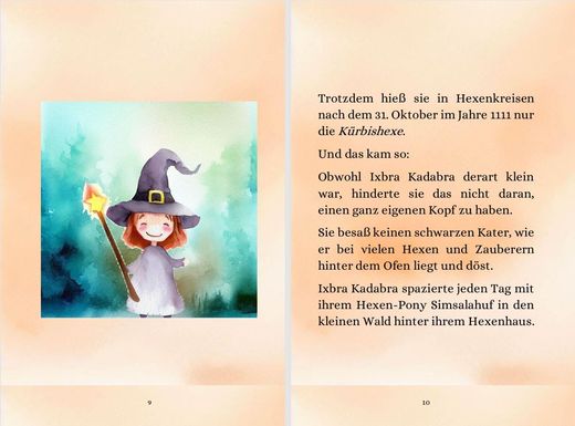 Screenshot aus dem Halloweenmärchen für Kinder "Die Kürbishexe" Doppelseite 5: Bild mit Ixbra Kadabra + Textseite