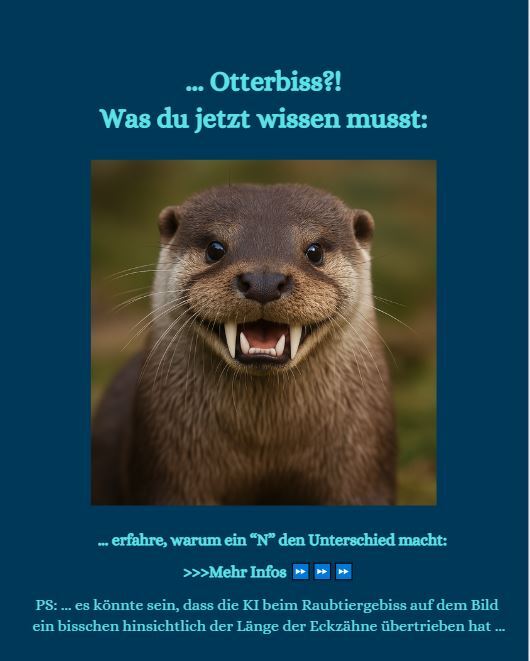 Photo by @barbara.rath_barbara.namor on July 31, 2025. Bild von ‎Europäischem Fischotter, KI generiert und mit übertrieben langen Fangzähnen. ‎Text „‎...Otterbiss?! Was du jetzt wissen musst: ...erfahre, warum ein „N" den Unterschied macht: >> PS: es könnte sein, dass die KI beim Raubtiergebiss auf dem Bild ein bisschen hinsichtlich der Länge der Eckzähne übertrieben hat...‎“‎‎.