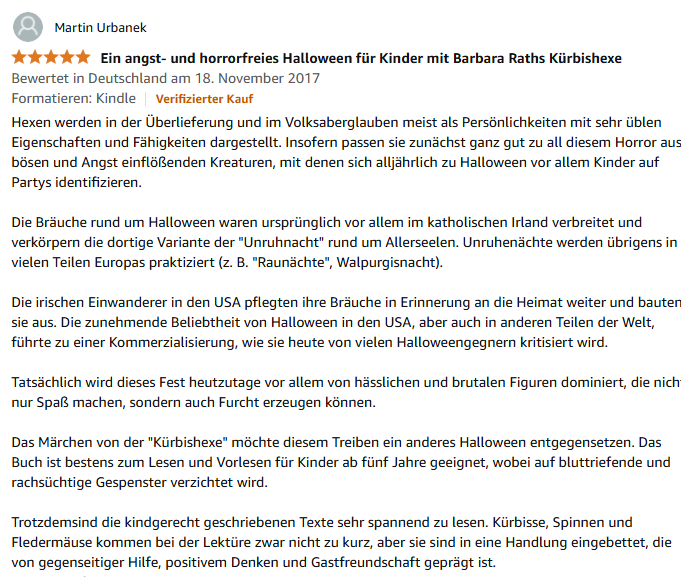 screenshot einer rezension bei amazon zu die kuerbishexe von m. urbanek