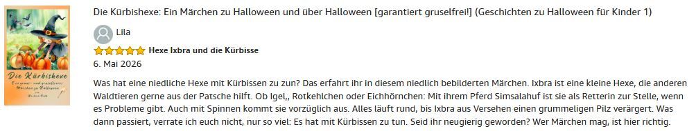 screenshot einer Rezension von "Die K&uuml;rbishexe" bewertet mit 5 Sternen
