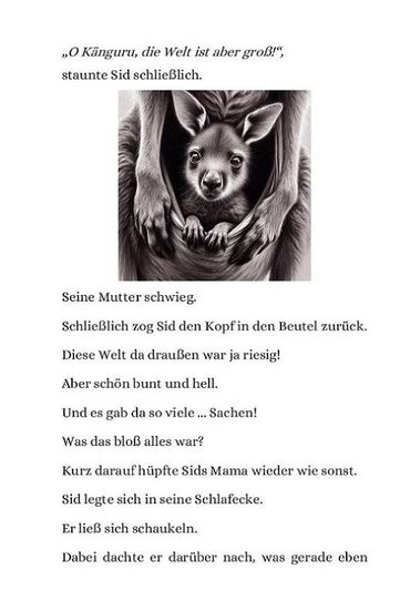 Leseprobe zum Kinderroman in einfacher Sprache "Sids Abenteuer" - Screenshot 10: Text + Kohlezeichnung wie Sid aus dem Beutel seiner Mutter schaut