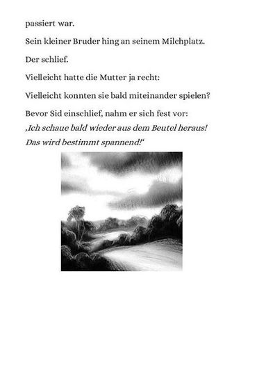 Leseprobe zum Kinderroman in einfacher Sprache "Sids Abenteuer" - Screenshot 11: Text + Kohlezeichnug einer Buschlandschaft in Australien