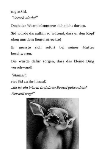 Leseprobe zum Kinderroman in einfacher Sprache "Sids Abenteuer" - Screenshot 7: Text + Kohlezeichnung von Sid als Jungtier