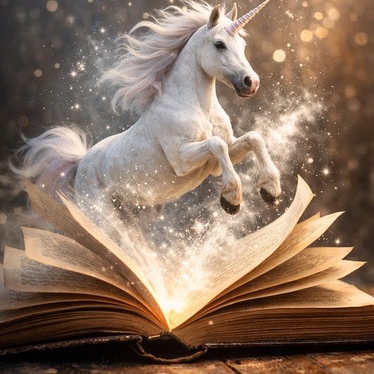 Einhorn springt aus einem Buch-kigeneriertes Bild