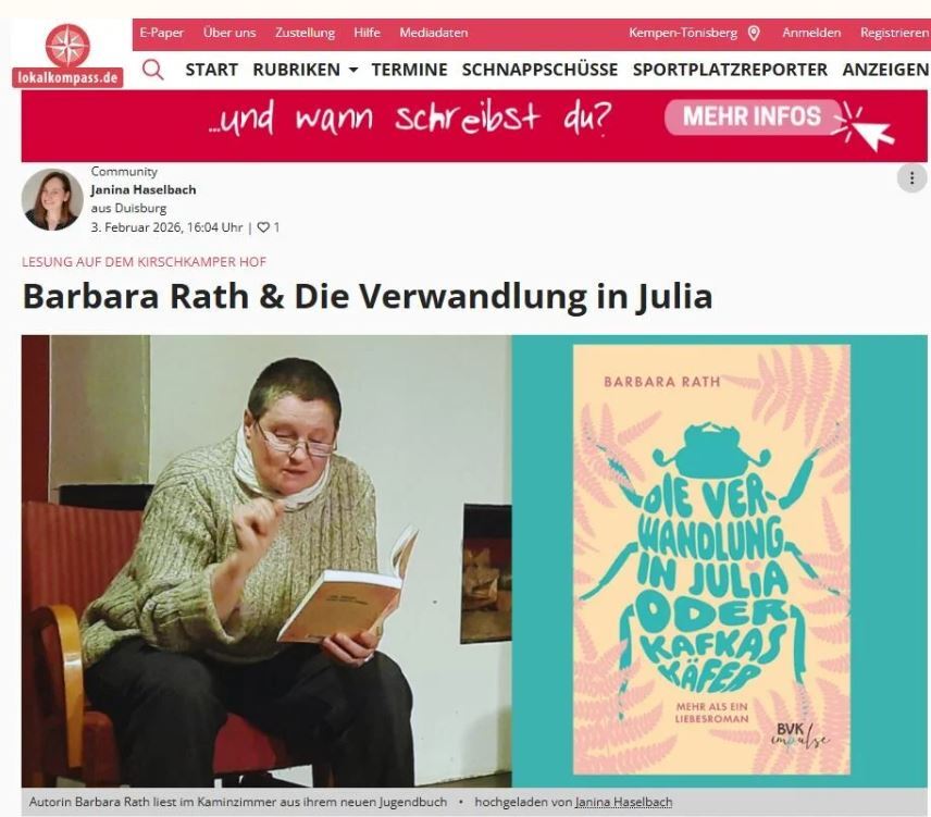 Screenshot eines Onlineartikels aus lokalkompass über die lesung - Barbara Rath liest aus ihrem Roman