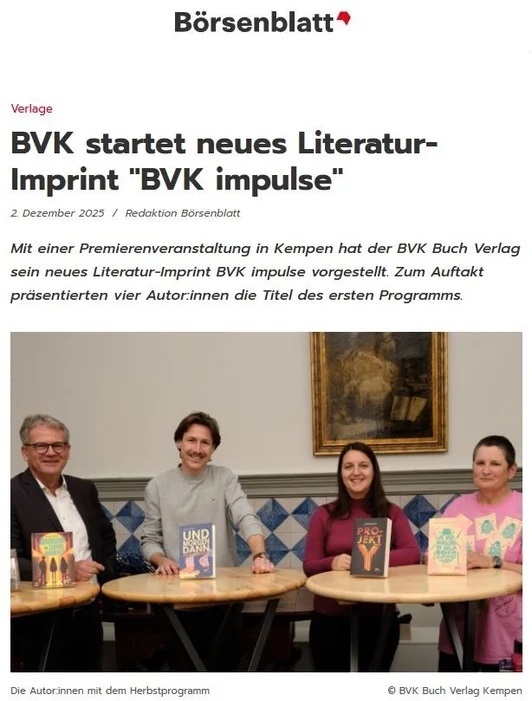 Screenshot aus dem Börsenblatt des deutschen Buchhandels mit der Kickoff-Veranstaltung von BVK impulse und dem Roman 