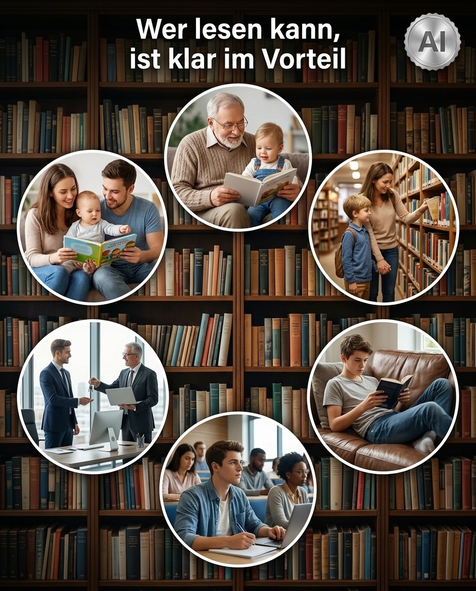 vor einer B&uuml;cherwand im Hintergrund befinden sich kleine Bilder, die Lebensstationen von Baby bis Jobanf&auml;nger darstellen - immer erfolgreich, denn es wird gelesen -&Uuml;berschrift wer-lesen-kann-ist-ein-leben-lang-im-vorteil-ki-generiert-mit-gemini